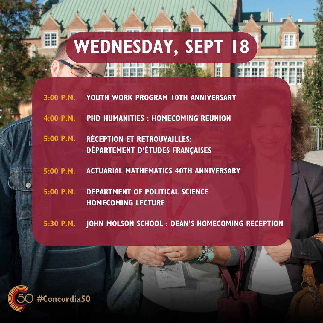 Concordia Alumni (@concordiaalumni) on Twitter photo 🎉 SEPT 18-21: Homecoming 2024 kicks off today! Hundreds of <a href="/Concordia/">Concordia University</a> grads, students, faculty and staff will come together to celebrate #Concordia50! Register and share with your fellow grads: bit.ly/4d8X908
👉Today's events feature <a href="/FASConcordia/">Arts & Science</a> and <a href="/jmsbconcordia/">John Molson School of Business</a>. 🎉 SEPT 18-21: Homecoming 2024 kicks off today! Hundreds of <a href="/Concordia/">Concordia University</a> grads, students, faculty and staff will come together to celebrate #Concordia50! Register and share with your fellow grads: bit.ly/4d8X908
👉Today's events feature <a href="/FASConcordia/">Arts & Science</a> and <a href="/jmsbconcordia/">John Molson School of Business</a>.