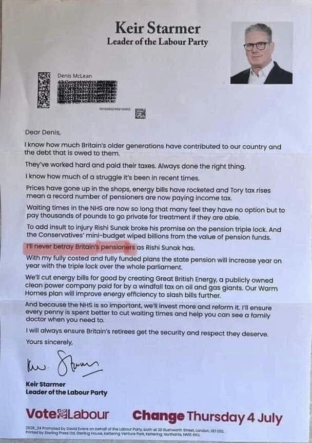 When two-tier Keir was trying to win your vote he pledged he would “never betray Britain’s pensioners”.

Starmer lied repeatedly to get into office.

You can never trust Labour.