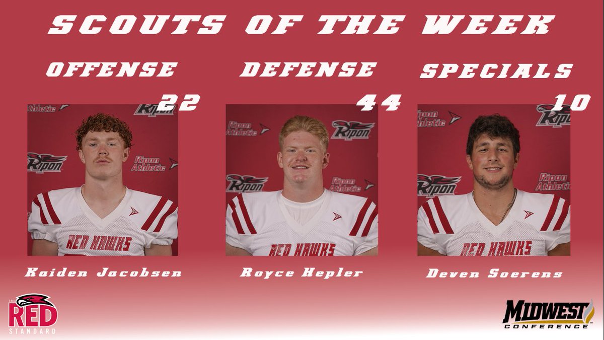 RiponRedHawkFB's tweet photo. Players of the Week

Connor Ramage | O-Skill
Clay Ritschard | D-Skill
Aidan Keyes | Specials
Wes Schneider | Specials
Peter Idsvoog | O-Line
Desean Smith | D-Line

Scouts of the Week
Kaiden Jacobsen | Offense
Royce Hepler | Defense
Deven Soerens | Specials

#BeRed 🔴⚪️ https://t.co/WpDfk5kbAu