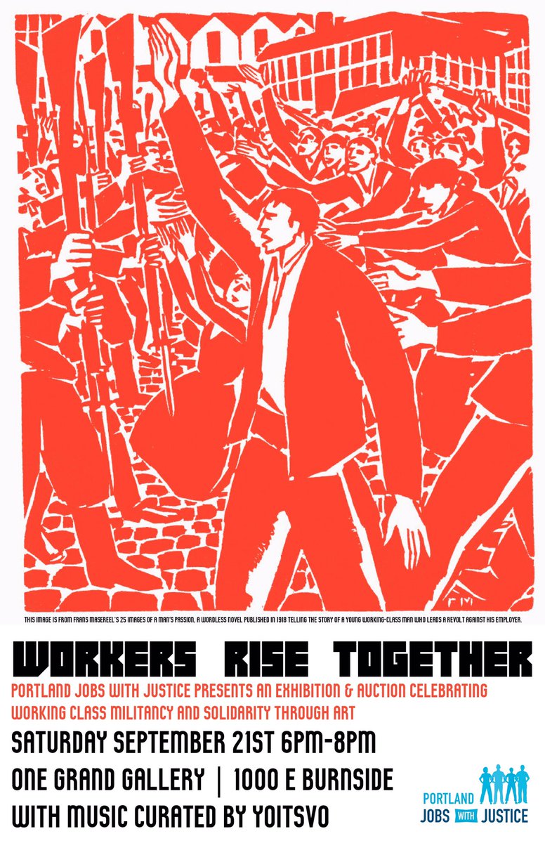JwJpdx's tweet image. This Saturday, Portland Jobs with Justice is hosting our first annual art exhibition and &amp;amp; auction. 

Local artists have collaborated with us to present works which celebrate working class militancy and solidarity in a show we’re calling “Workers Rise Together.”