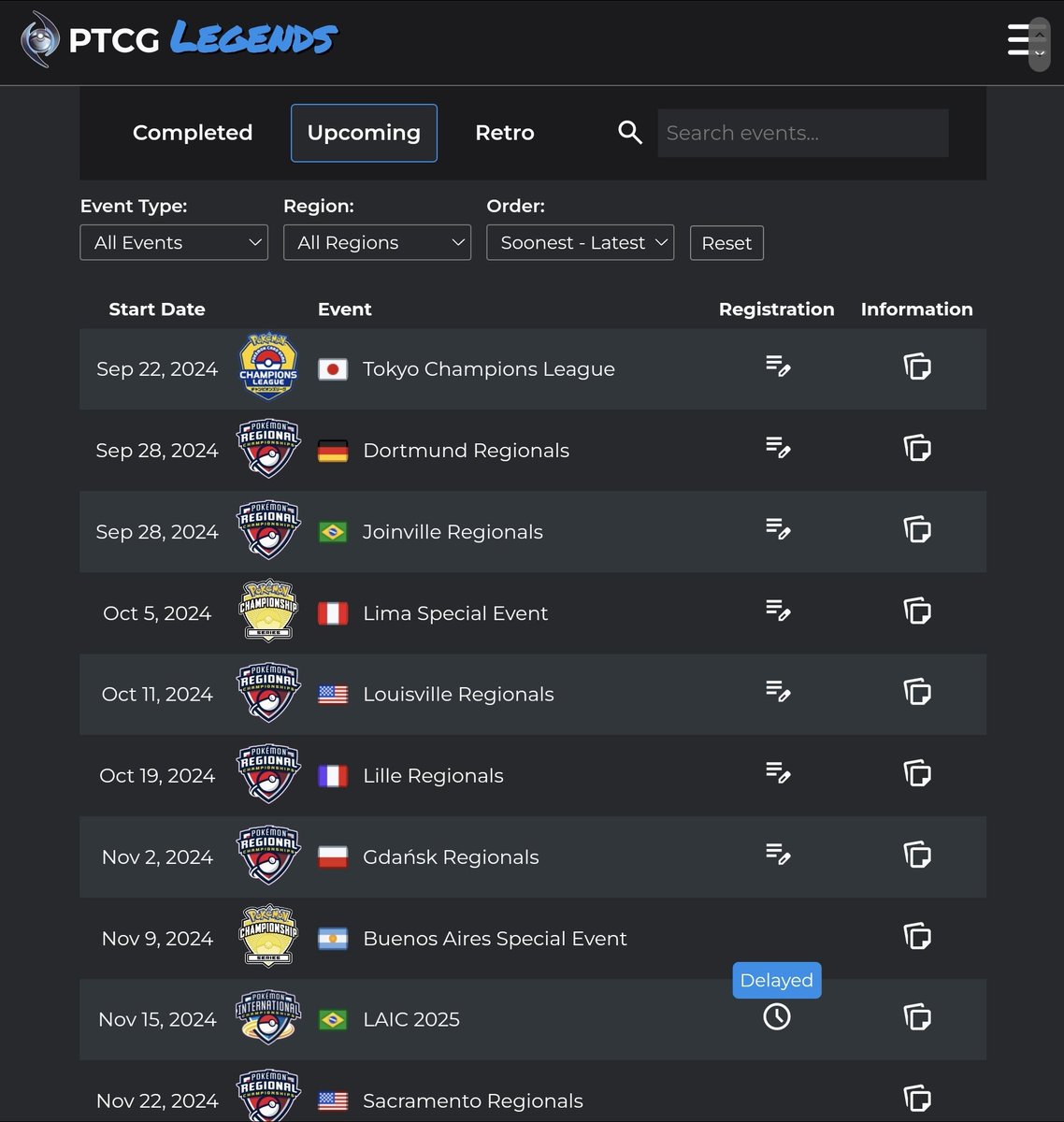 alexwilsonTCG's tweet image. This site shows all registration links and times (countdowns) for events worldwide, including Asian events, no need for twitter, discord, or asking anyone. Worth a bookmark!
ptcglegends.com/tournaments/up…