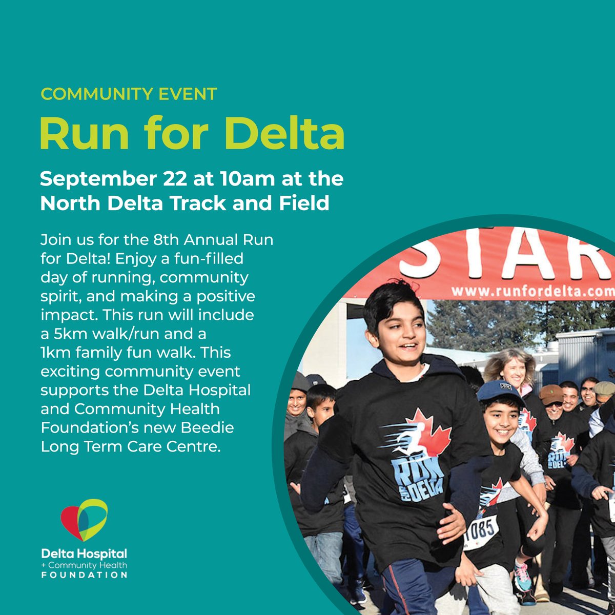 DHCHFoundation's tweet image. Join us on Sunday, September 22 at 10am at North Delta Track and Field (11496 83 Ave, Delta) for the 8th Annual Run for Delta! This exciting community event supports the DHCH Foundation’s new Beedie Long Term Care Centre. @Run4Delta

Register now: delta-m4m.raceroster.com