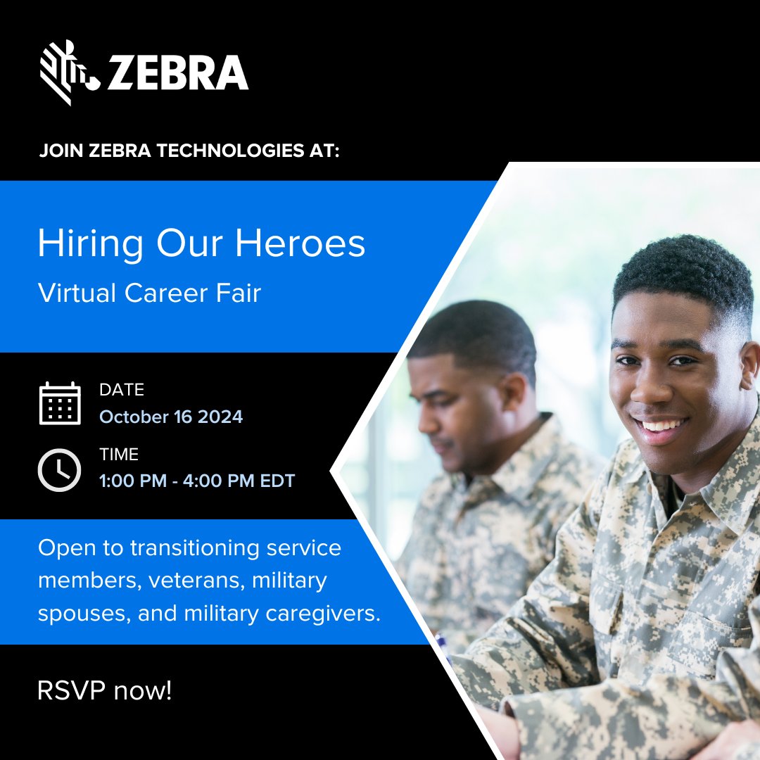 TimMcMarketing's tweet photo. Calling all transitioning service members, veterans, military spouses, and caregivers! Join Zebra on October 16 for a virtual Hiring Our Heroes career fair where members of our team will be happy to chat with you about your career. https://t.co/5vf9PyJUvU #ZebraEmployee https://t.co/o5KvTfeG0N