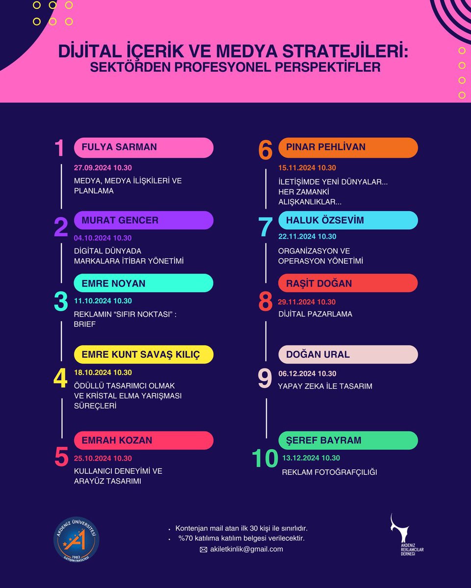 Kontenjan mail atan ilk 30 kişi ile sınırlıdır.
%70 katılıma katılım belgesi verilecektir.
