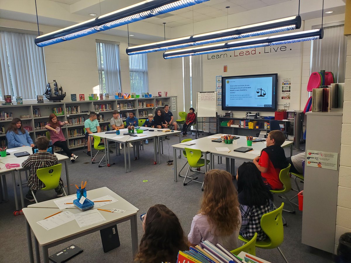 BonleeLibrary's tweet photo. Today in the library, 6th graders used the AVID Philosophical Chairs strategy to debate the benefits and drawbacks of generative AI! @CommonSenseEd @Bonlee_Dragons #CCSDigitalLearning https://t.co/lxdnrGmTTo