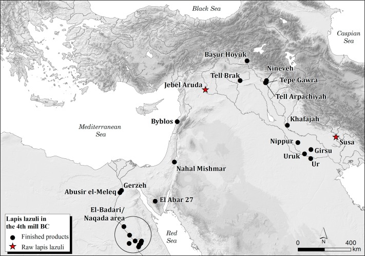 Distribution of lapis lazuli finds dating to the 4th millennium BC in the Near East