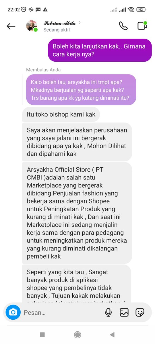 erasuci03's tweet photo. ⚠️⚠️⚠️ PENIPUAN ⚠️⚠️⚠️

Teman aku dpt chat dari ig, ada yg nawarin dia pekerjaan dgn gaji 150-300k per harinya.
Penipu menawarkan pekerjaan sebagai admin/staff online di Arsyakha Official Store PT CMBI (Cakrawala Mitra Bersama Indonesia) yg bekerja sama dgn Shopee. https://t.co/vPwRlWIV2g