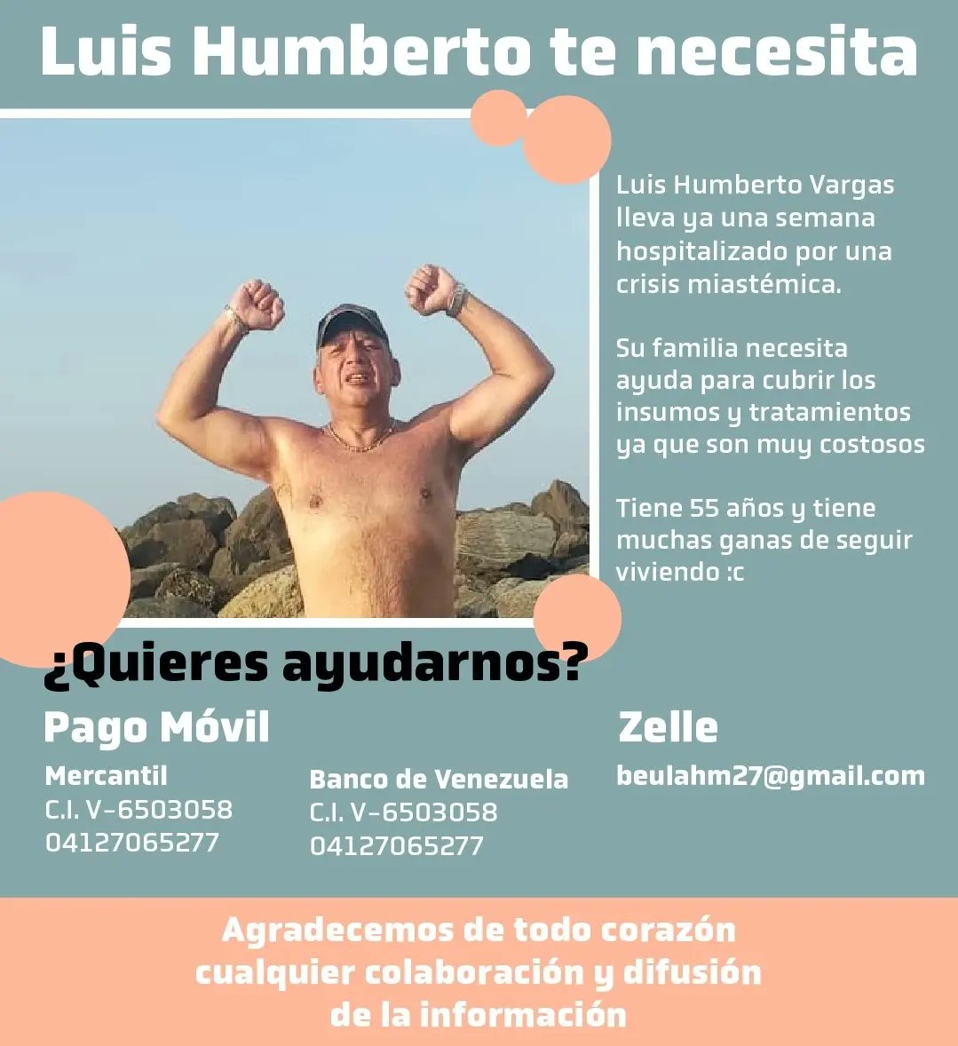 yadiritaf's tweet photo. Luis Humberto te necesita!

Luis Humberto Vargas Ileva ya una semana hospitalizado por una crisis miastémica.

Su familia necesita ayuda para cubrir los insumos y tratamientos ya que son muy costosos

Tiene 55 años y tiene muchas ganas de seguir viviendo :c

¿Quieres ayudarnos? https://t.co/eTjDzEZXfx