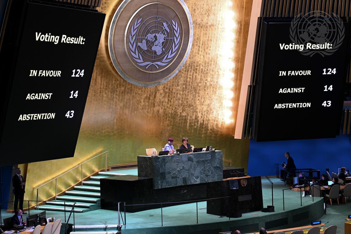 IrishMissionUN's tweet photo. Today, #UNGA adopted the first ever Resolution tabled by 🇵🇸, on the ICJ Advisory Opinion ⚖️

🇮🇪 along with 123 Member States voted in favour of this historic resolution ✅️

It is the responsibility of all 🇺🇳 UN Member States to uphold the rules-based international order. https://t.co/qC9z4HNBuw