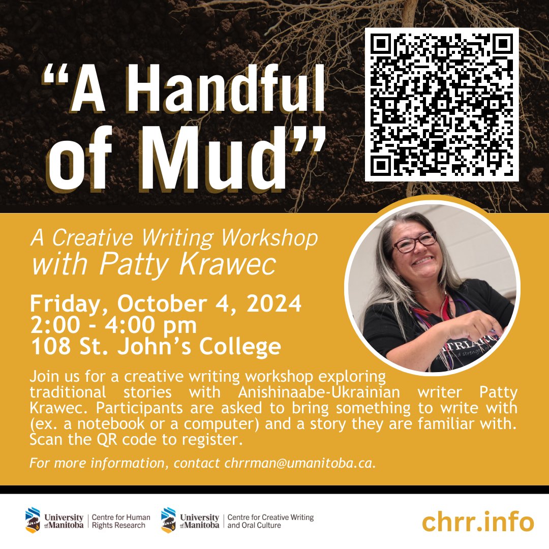 On Friday, October 4 at 2 pm, join us and CCWOC for a creative writing workshop exploring traditional stories with Anishinaabe-Ukrainian writer Patty Krawec. The workshop will be held in 108 St. John's College.

More details below ⬇️ We hope to see you there!