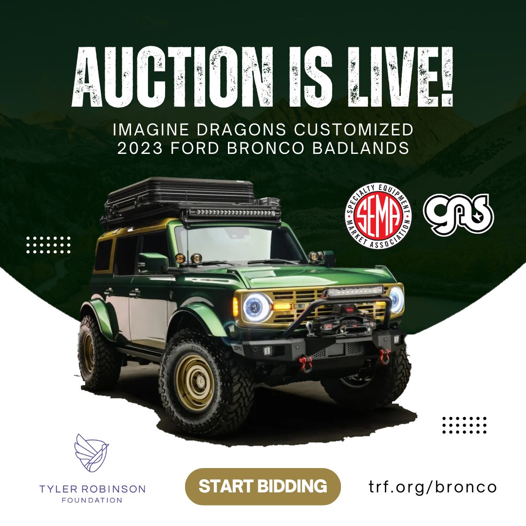 🚨 Now's your chance to own the SEMA-exhibited 2023 Ford Bronco Badlands customized with Imagine Dragons inspiration! 🛻💛 It includes a signed guitar + VIP concert tickets. All proceeds benefit the Tyler Robinson Foundation. Bid now: trf.org/bronco