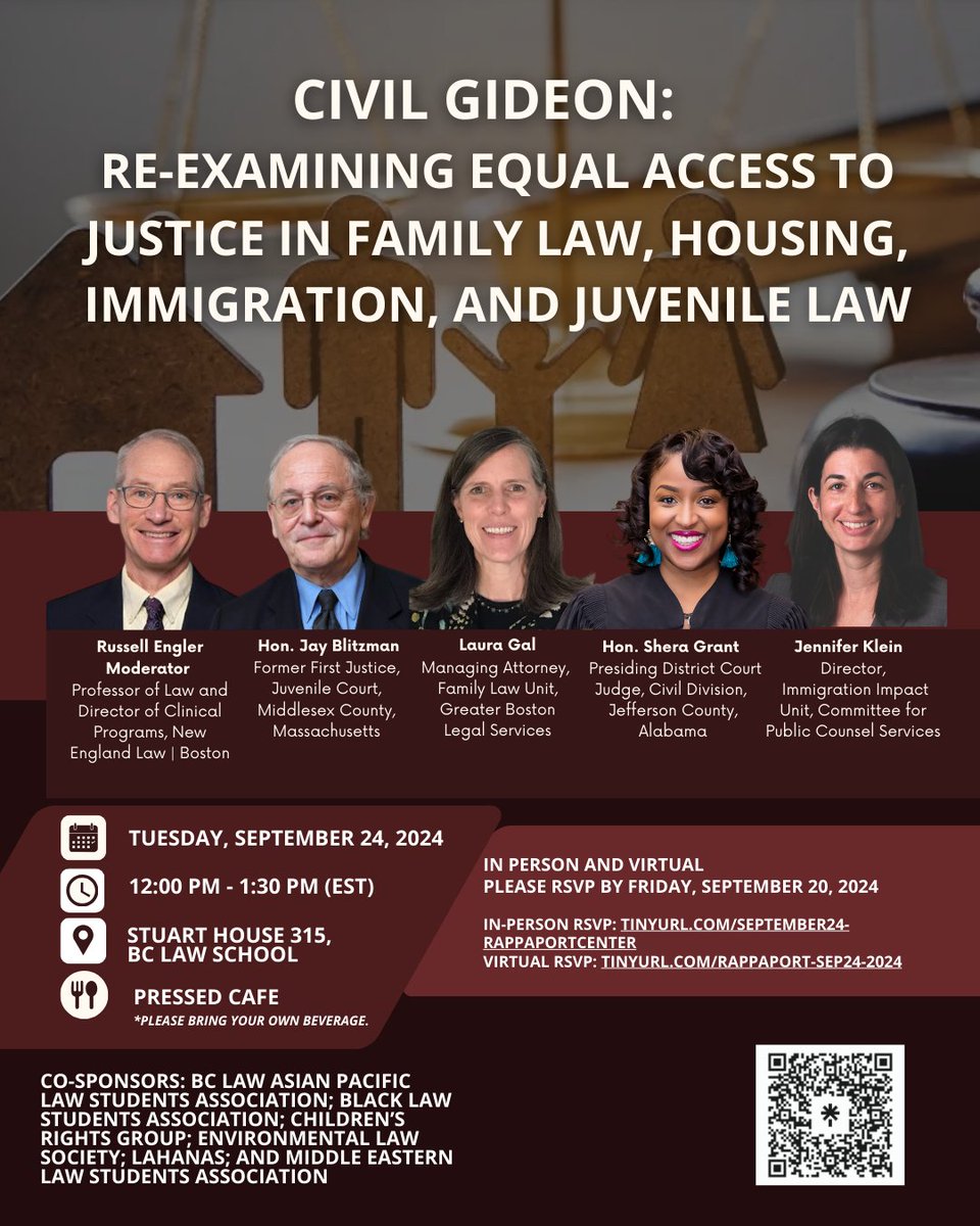 On Tuesday, September 24th, from 12-1:30 p.m., the Rappaport Center will present, “Civil Gideon: Re-Examining Equal Access to Justice in Family Law, Housing, Immigration, and Juvenile Law"

IN-PERSON RSVP: tinyurl.com/September24-Ra…
VIRTUAL RSVP: tinyurl.com/Rappaport-Sep2…