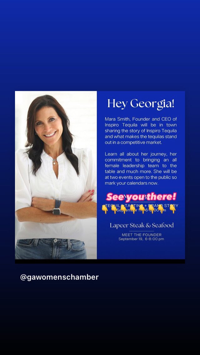📣TOMORROW!  End of Summer Soirée! Meet Mara Smith, the distinguished Founder &amp; CEO of luxury woman-owned and operated tequila brand #Inspiro in Alpharetta!

6pm-8pm
Location: Lapeer Steak
12 N. Broad St.
Alpharetta

So grab your tribe and let’s welcome Mara to Georgia!