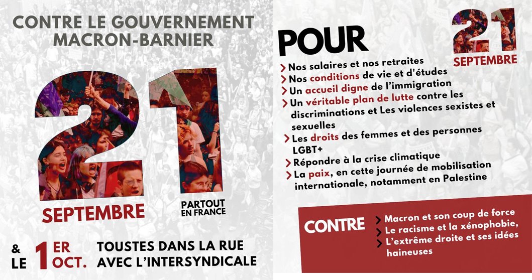 Appel à manifester, ce 21 Septembre, 15h à #Besançon. 

Plusieurs organisation appellent à manifester ce 21 Septembre (15h, place de la Révolution) à Besançon. 
Les organisations ont annoncé leurs volonté à manifester contre le gouvernement Barnier et contre l’alliance Macron-Le