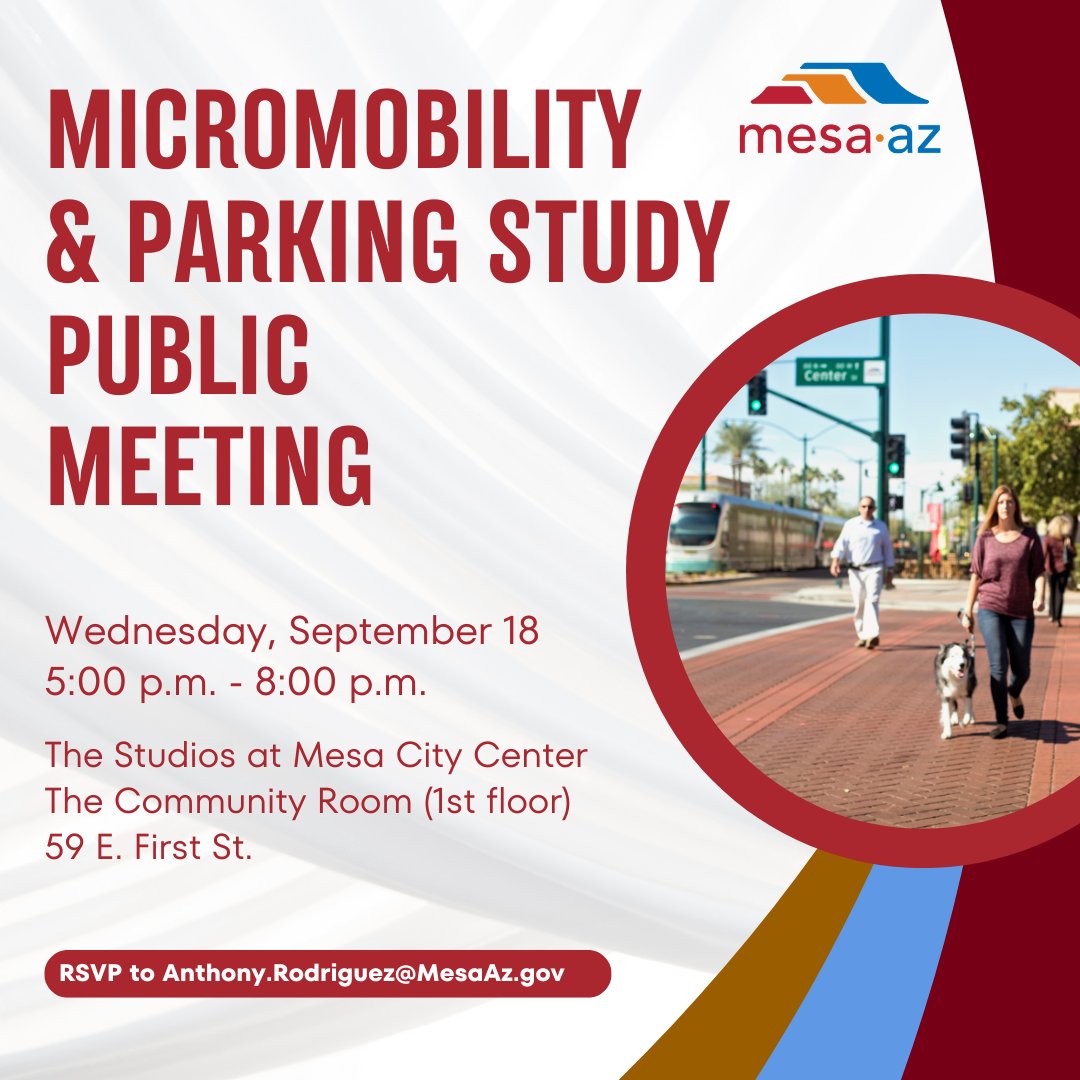 Join us TODAY! We're launching a Micromobility &amp; Parking Study to evaluate transportation options as Downtown Mesa continues to grow. The study will focus on existing and long-term parking needs and how to create a walkable, sustainable and multimodal transportation network.