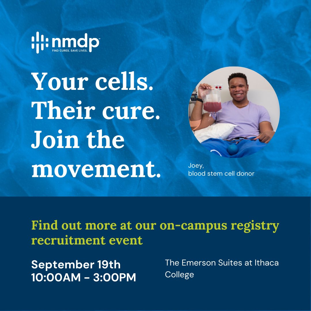 Join IC this Thursday, Sept. 19 from 10 am to 3 pm in Emerson Suites as the Bombers will partner with NMDP to recruit blood stem cell donors. This year's drive is special to IC. Jack Dembow '77, a member of the IC BOT, was recently diagnosed with Myeloid Dysplastic Syndrome.