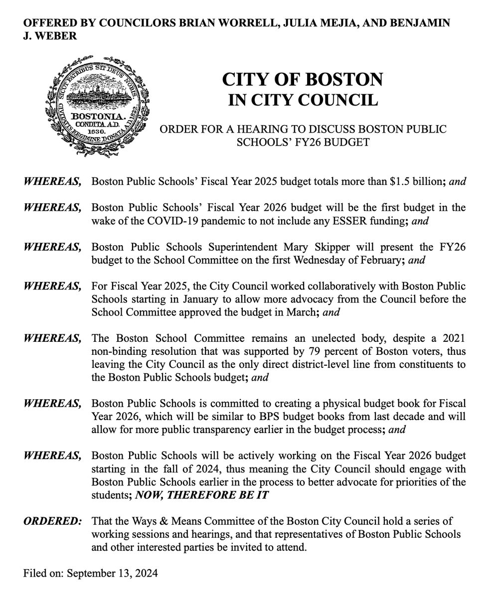 ClrHenrySantana's tweet photo. It's critical we begin discussions on the FY26 BPS budget early enough to make meaningful impacts for @BostonSchools &amp; most importantly, our students.
Thank you to @VoteWorrell, @juliaforboston &amp; @ben4district6 for introducing today’s hearing order to kick off the process! https://t.co/ky6i3Fox6P