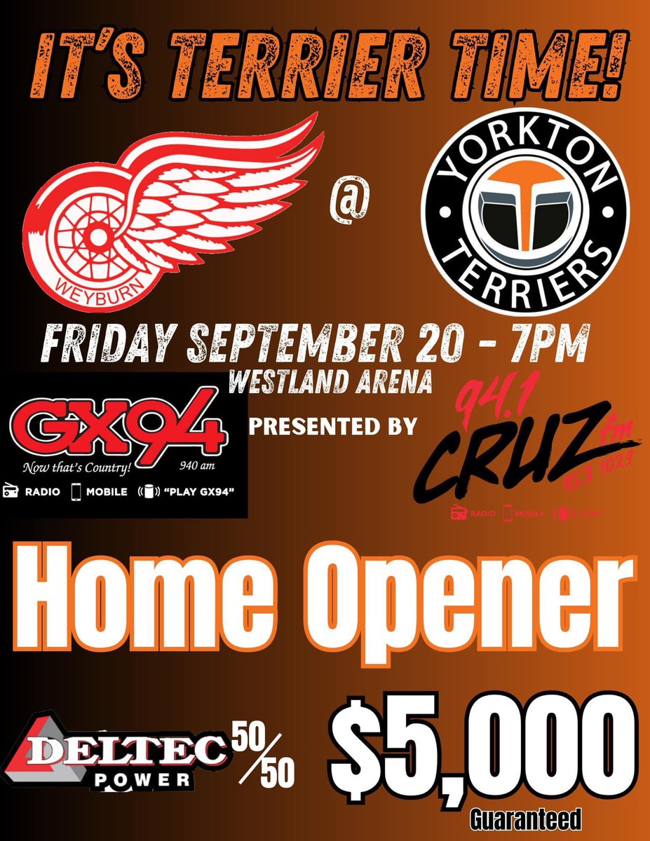 Yorkton Terrier hockey is back!!!!
We kick off the season at home this Friday Sept 20th @ 7pm vs the Weyburn Red Wings.

Deltec Power 50/50 is Guaranteed at $5,000

Don’t miss the start of a great season!
#ForTheFans
#yorktonterriers
#proudpastbrightfuture
#SJHL
