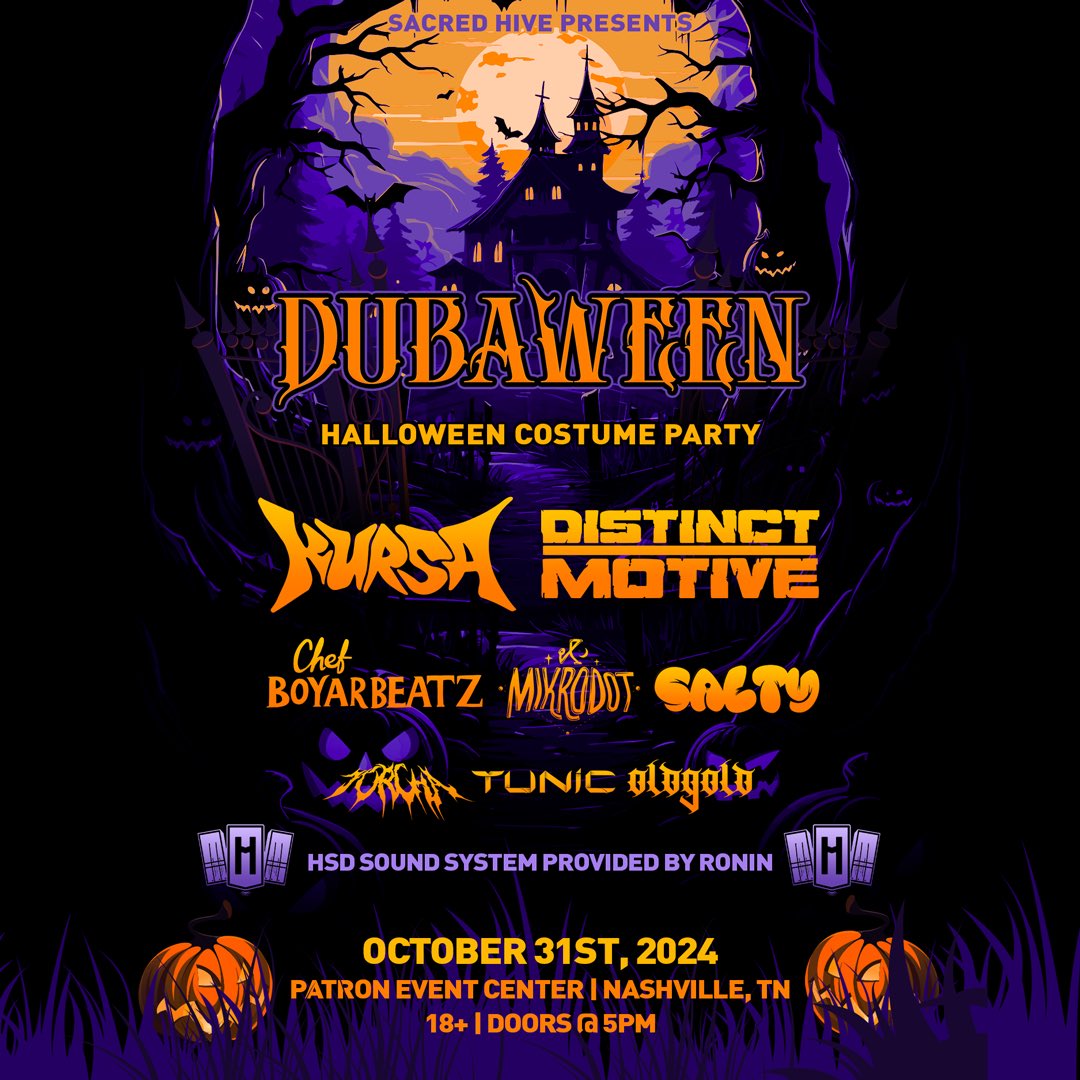DUBAWEEN 2024! 🎃

We are elated to present the full lineup for the 7th annual Dubaween costume party featuring a massive lineup of dubstep legends on the beloved orange HSD sound system. Costumes are highly encouraged!

TIX - bit.ly/47wQCLR