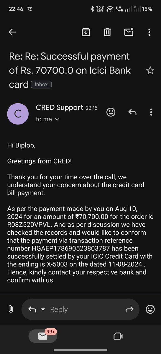 bhand_engineerr's tweet photo. @CRED_support @CRED_club @kunalb11
I made a payment of 70,700 rupees via CRED on August 10th, and it's still not reflecting in my account. Despite multiple follow-ups, CRED provided a 32-digit UTR that my bank says is invalid. https://t.co/Jwao7WeXnX