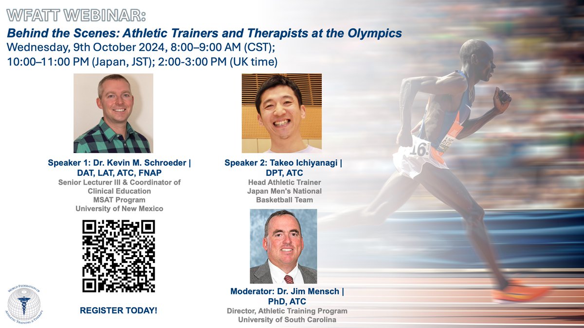 We are thrilled to announce a WFATT Webinar 'Behind the Scenes: Athletic Trainers and Therapists at the Olympics.’ This event will be on Weds, 9th October 2024, from 8:00–9:00 AM (CST) 10:00–11:00 PM (Japan, JST), 2:00-3:00 PM (UK time). Register here: us02web.zoom.us/webinar/regist…