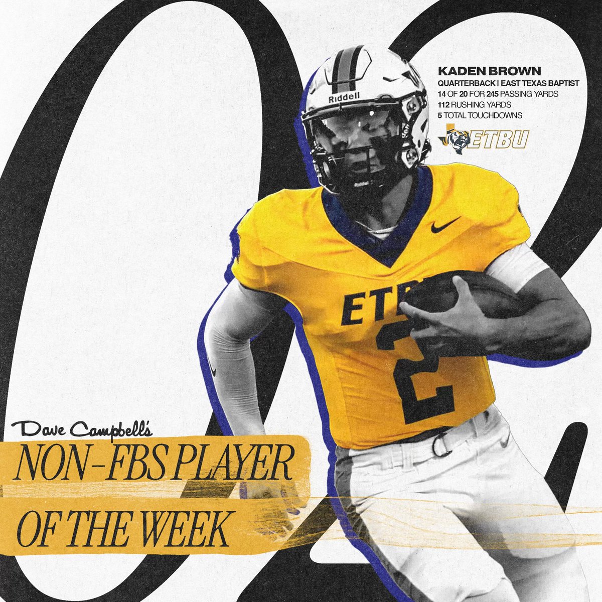After a five-touchdown performance on Saturday, ETBU QB Kaden Brown (<a href="/_KadenBrown_/">Kaden Brown</a>) earns our Week Three Non-FBS Player of the Week honor!

<a href="/ETBU_Football/">ETBU Football</a> <a href="/ETBUCoachRu/">Coach Ruzicka</a> #Texascfb #dctf #texasfootball