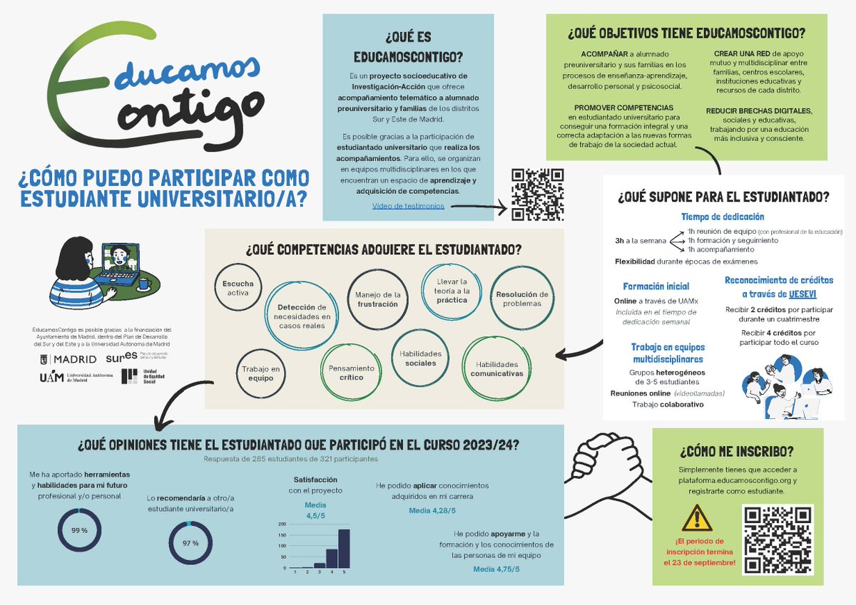 ¿Eres estudiante #UPM? Gracias a <a href="/ContigoEducamos/">EducamosContigo</a>, puedes acompañar a familias vulnerables para reducir la brecha digital, social y educativa en los distritos del Sur y del Este de Madrid

🔸 Actividad acreditable 
🔸 Inscripción: hasta 23/09
ℹ️ educamoscontigo.org

#somosUPM
