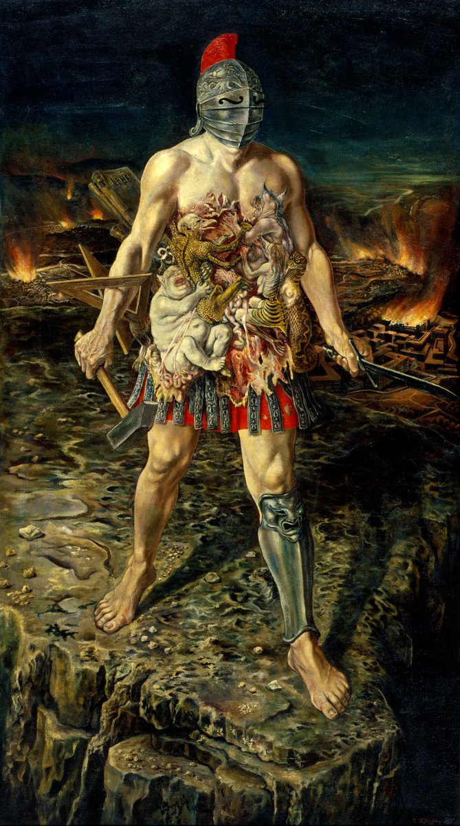 rolvatore's tweet photo. Blind Power, (c. 1937)
By 
Rudolf Schlichter (1890-1955)

“Blind Power” (1937) by Rudolf Schlichter is a deeply symbolic and surrealist painting reflecting the tensions of its time. The artwork depicts a powerful, almost mythological figure—a muscular warrior holding both a hammer and a sword—marching forward, seemingly oblivious to the chaos around him. His blind, determined advance represents the unchecked, destructive power of authority or militarism, a common theme in Schlichter’s work, especially given his political disillusionment during the rise of fascism in Germany.

The warrior’s torso is being bitten by mythical beasts, symbolizing the destructive forces or ideologies tearing at him. These elements emphasize Schlichter’s critical view of blind power structures and the devastation they leave in their wake. The painting is rendered in the realistic yet emotionally charged style typical of the New Objectivity movement, of which Schlichter was a key figure.

This work was created during a turbulent period in Schlichter’s life, as he moved away from communist ideals and embraced more nationalist and religious themes, though he remained highly critical of totalitarianism. Many of his works, including “Blind Power,” were eventually condemned by the Nazi regime and labeled as “degenerate art”​.