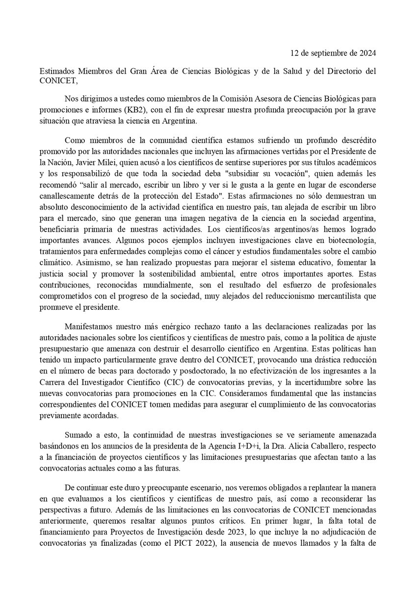haydeecinha's tweet photo. En la Comisión Asesora de Promociones e Informes por Biología (Kb2) de CONICET, a la que tengo el honor de pertenecer, manifestamos nuestro rechazo al injusto maltrato hacia los científicos por parte del presidente. Hemos redactado una nota que comparto. https://t.co/ZzzmEcs8Jg
