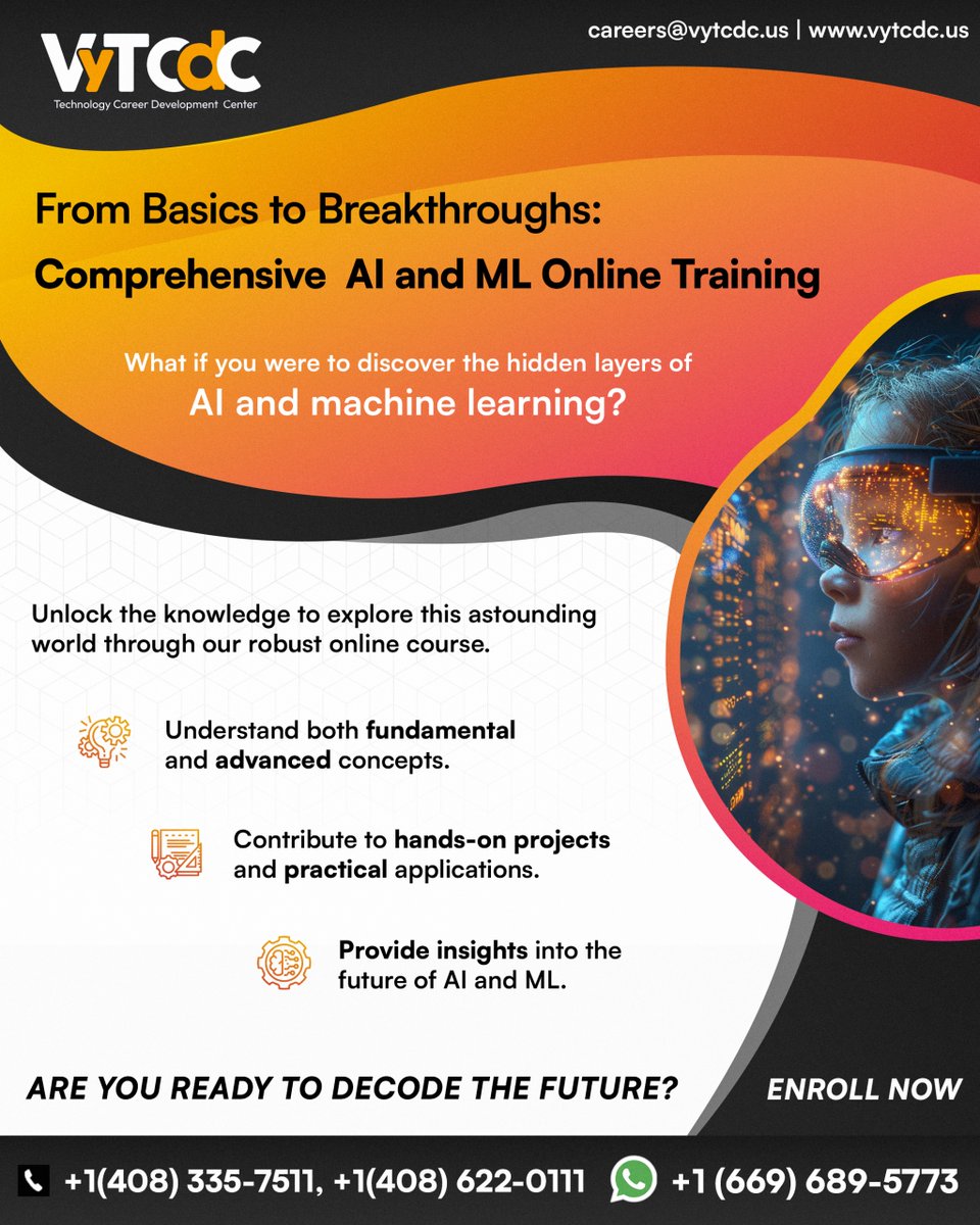 Vytcdcusa2002's tweet image. From basics to breakthroughs! Master AI &amp;amp; ML with our comprehensive online course. Hands-on projects, future insights, and more. Enroll now to decode the future! #AI #MachineLearning