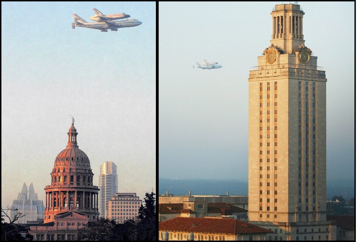 JimNicar's tweet image. September 2012: Riding atop a jumbo jet and cruising at 1,500 feet over downtown Austin, the retired space shuttle Endeavor was seen from the @UTAustin campus on its way from Houston to Los Angeles. It's now on display in the California Science Center.