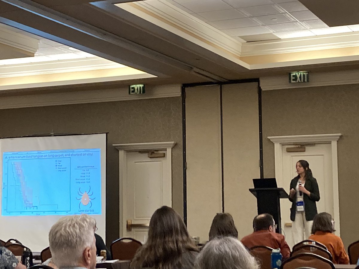 RisaPesapane's tweet photo. Lots of gasps and whispers of interest as @sabet_af presents her work on the survival of gulf coast ticks and lone star ticks in homes. Spoiler: They can live 2+ weeks on some surfaces! Survival differs by floor type and species. Great job Afsoon! #SOVE2024 https://t.co/0WfS1oGGMb