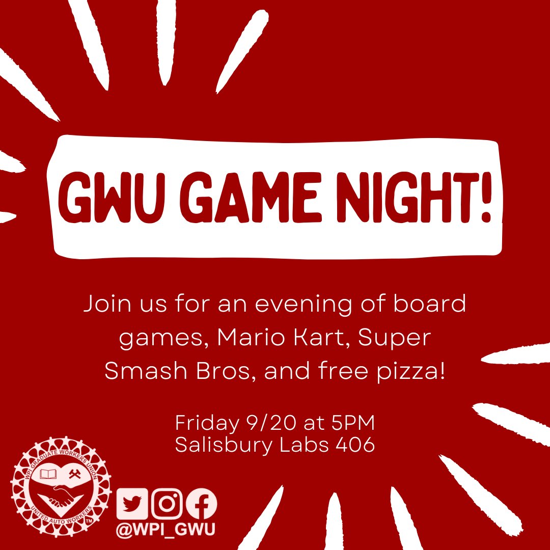 GWU is having a game night tomorrow 9/20 at 5PM in Salisbury Labs 406. Come join us for an evening of fun and games, and of course free pizza!