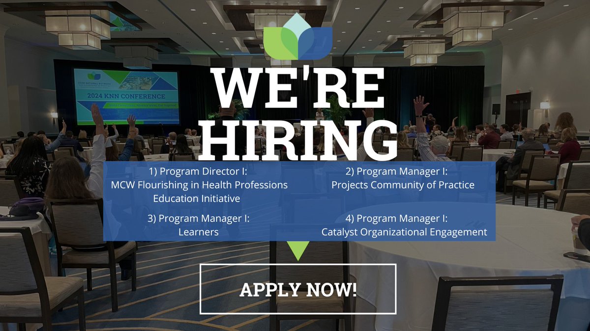 The KNN is #hiring for 4⃣ new positions in southeast Wisconsin! With roles supporting learners, communities of practice and engagement, we welcome applicants interested in cultivating a better future for medicine through flourishing.
 
Learn more and apply below.