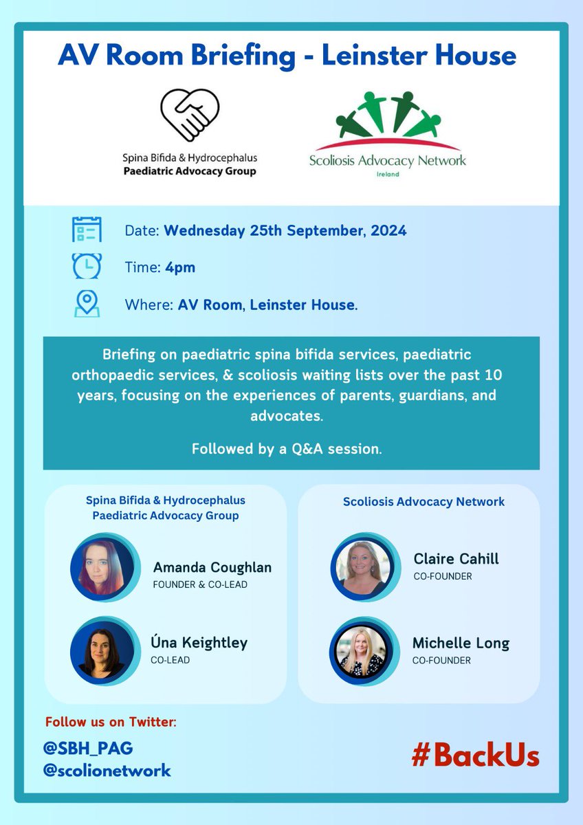 📢 AV Room Briefing - Leinster House 

This is more than a look back—it's a call to action for the future of paediatric spina bifida and scoliosis services in Ireland. 

We’ll address the past 10 years of challenges but, more importantly, we’ll push for the urgent reforms needed