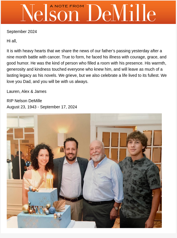 shandanjay's tweet photo. RIP Nelson DeMille @nelsondemille https://t.co/k9YPi1qom5