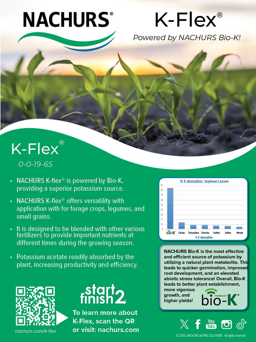 Why NACHURS K-Flex? It contains Bio-K technology, a more available, efficient form of potassium. Its unique formula enhances nutrient utilization and provides timing and application flexibility during periods of influence throughout the growing season. #NACHURS #B10K #BioK