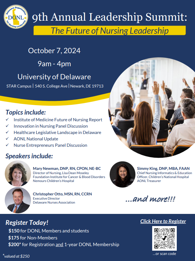 📢 Can't miss event 📢
 
<a href="/DONL/">Don Le</a> - Delaware Organization for Nursing Leadership is holding their highly anticipated leadership conference on Oct 7 in Dover. Open to all DE nurses! 

Build your skills, network &amp; more! zurl.co/5KDK 

#Delaware #Nurses #LPN #RN #APRN