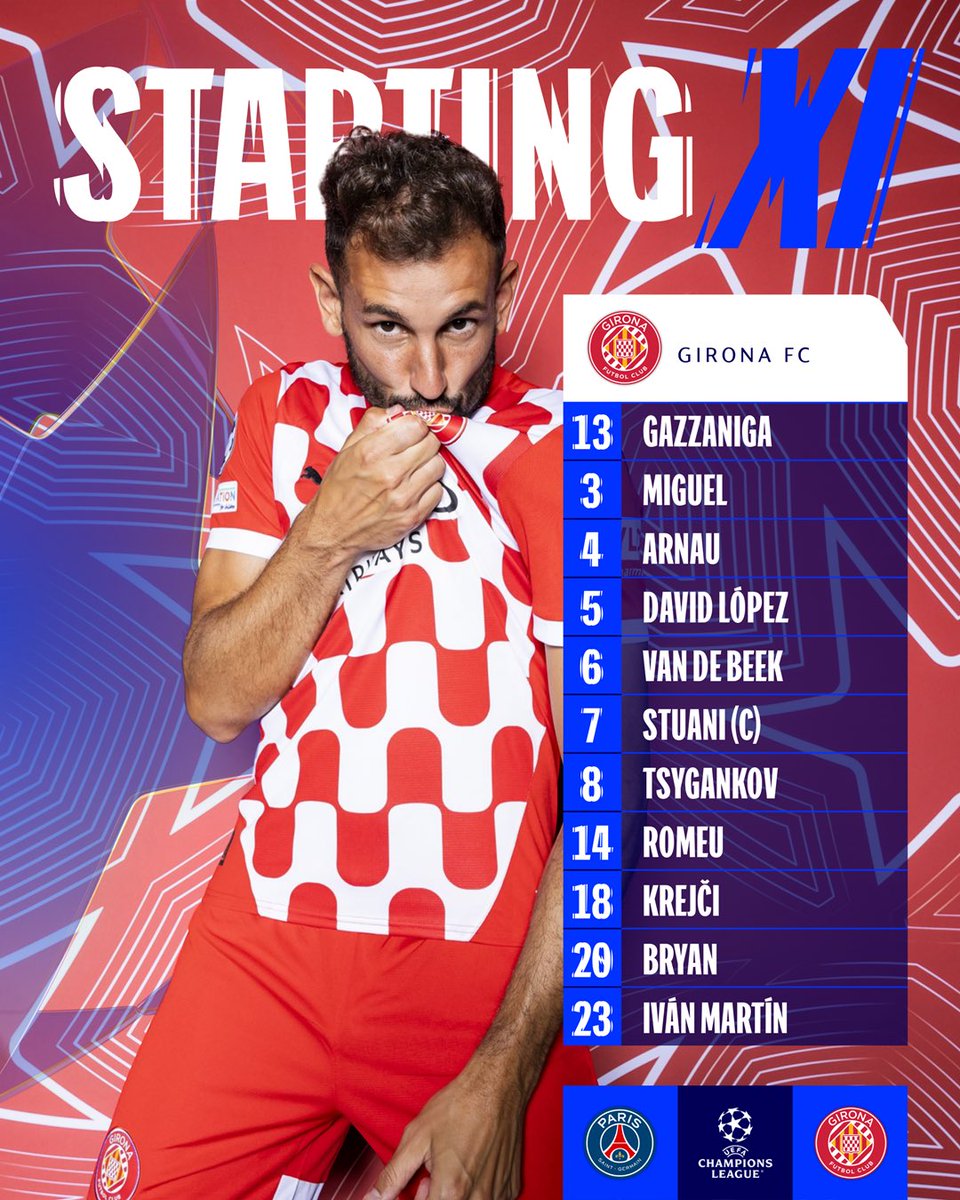 GironaFC's tweet photo. 𝐎𝐍𝐙𝐄! ❤️🤍

#PSGGirona #UCL https://t.co/B6OiUD4Mu5