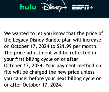 KellyBazzle's tweet photo. The amount of "price increase" emails I get these days is starting to get ridiculous.

#disneyplus #hulu #espnplus #priceincrease https://t.co/rpgAvxtZYQ