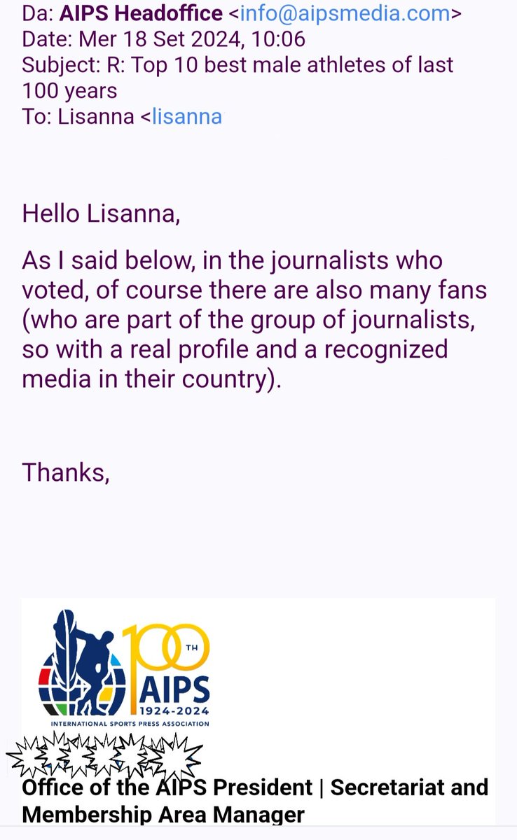 Lisanna1994's tweet photo. Ranking TOP 10, how did this important selection take place?
It was voted by 913 sports journalists from 137 Countries,all with certified credentials, and under the supervision of AIPS' management.
Here the official AIPS documents,
Any conflicting  info is fake
@YUZURUofficial_ https://t.co/UySwCRR2NN