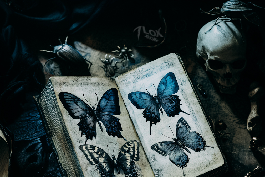 This antique book of butterflies &amp; bugs was a gift from my mother before her spirit left. Its worn pages hold fragments of a past I cling to. The butterflies seem to carry knowledge only she and I shared. 
#7LoxRok #Occult #DarkArt #Gothic #OccultArt #Esoteric #Witchcraft