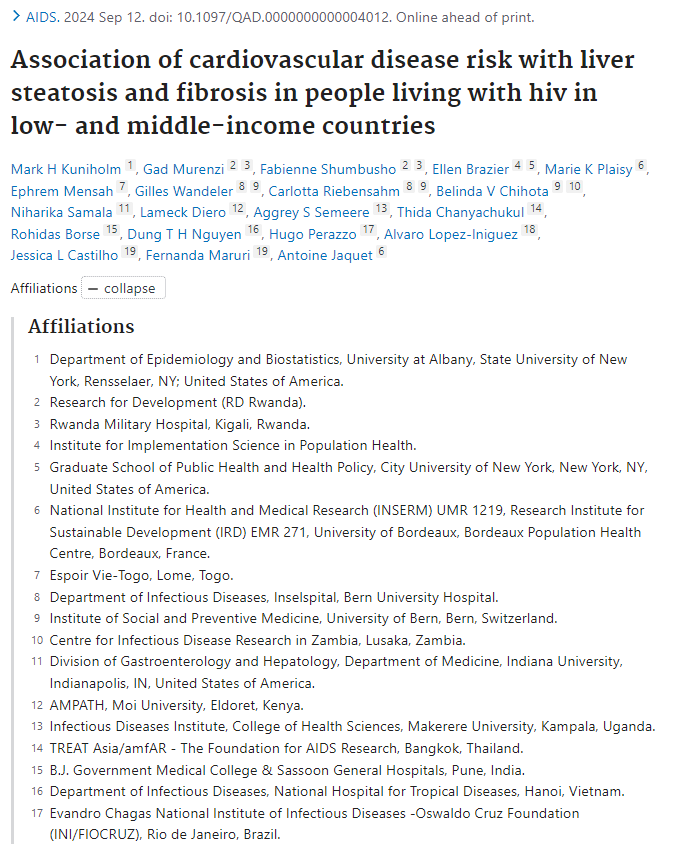 Estudio internacional que ilustra la relación entre el riesgo de EVC y la esteatosis y fibrosis hepática entre personas que viven con VIH en países de ingresos bajos y medios. DOI: 10.1097/QAD.0000000000004012, participación del <a href="/incmnszmx/">INCMNSZ</a> Álvaro López Iñiguez y cols.