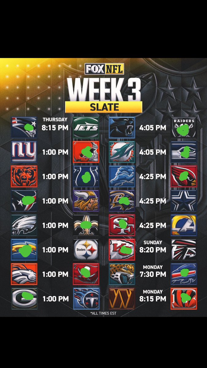 EveryFantasyFG's tweet photo. My week 3 predictions for the #NFL 

Last week I went 10-6

#nflbets https://t.co/A5JB80oQLC