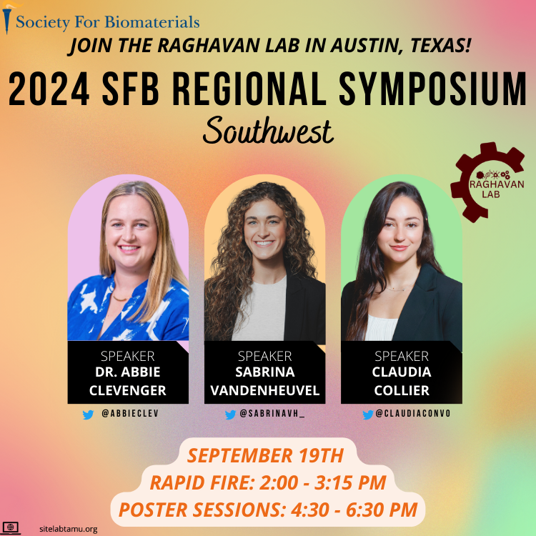 LabRaghavan's tweet photo. The Raghavan lab squad is heading to the @SFBiomaterials regional symposium @UTBiomedical - @bmentamu postdoc @abbieclev and grads @SabrinaVH_ and @ClaudiaConvo will be repping us! 

Learn more about our work in engineering mechanics and tissue architectures! https://t.co/NDPpDl9ggu