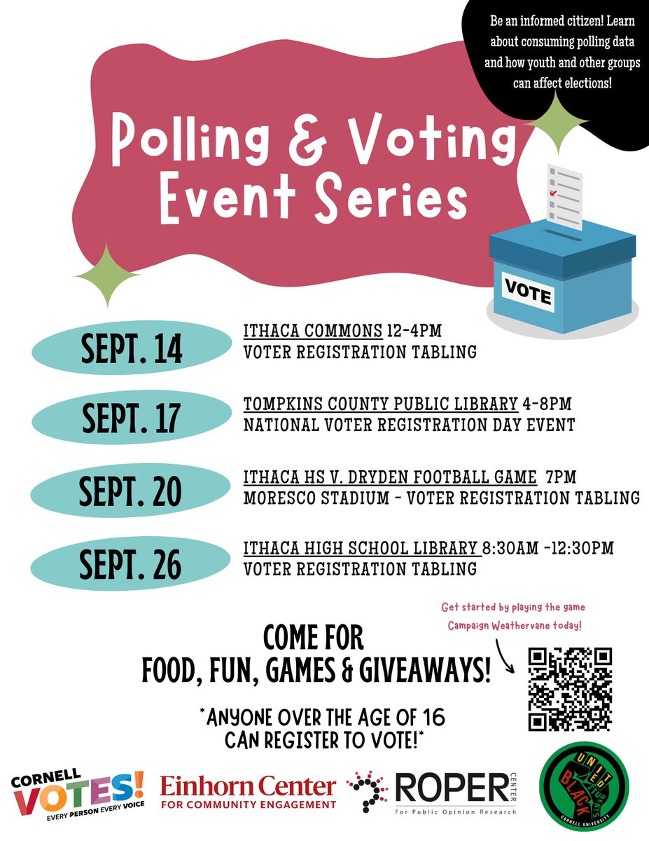 RoperCenter's tweet image. Roper Center, @CornellEinhorn &amp;amp; @CornellVotes are touring #Ithaca, engaging citizens on the #IthacaCommons, an Ithaca High School football game and HS library, &amp;amp; the Tompkins County Public Library, sharing info on polling data, voter registration, and play #CampaignWeathervane!