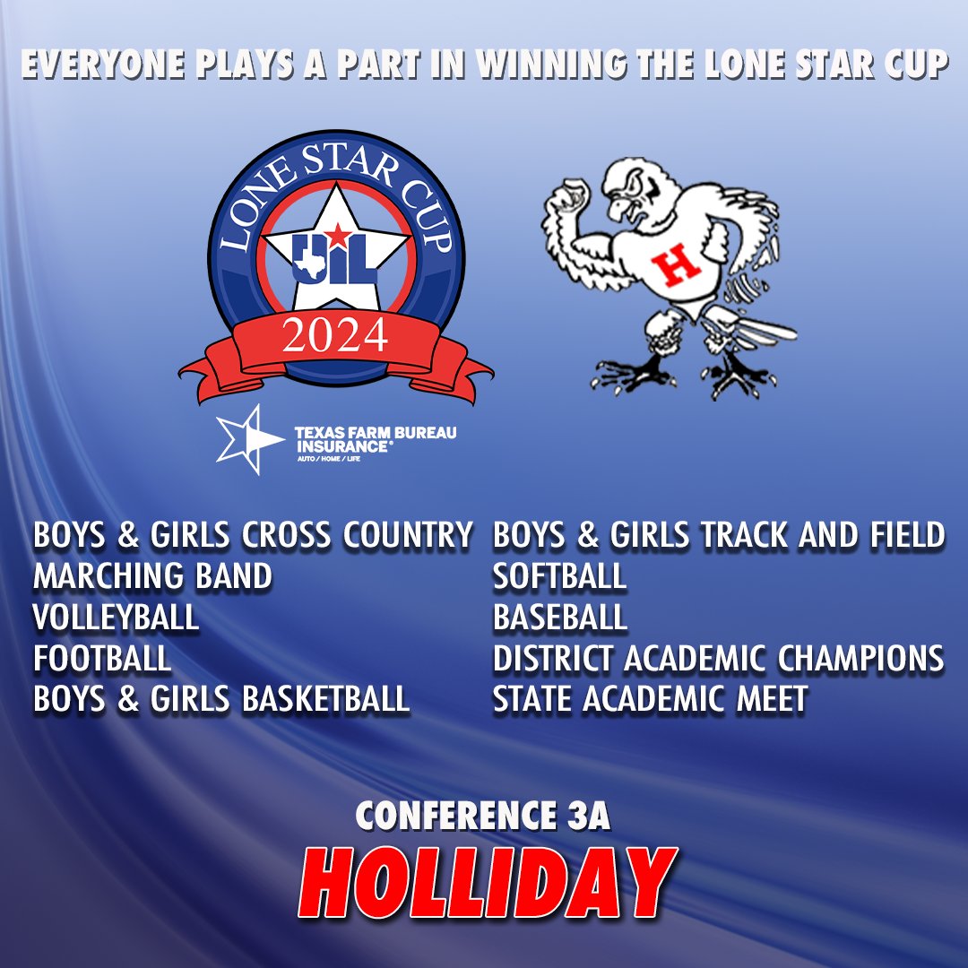 Friday, join us at Eagle Stadium to present <a href="/HollidayISD/">Holliday ISD</a> with the 2024 UIL #LoneStarCup trophy. 🦅 Cheers to everyone in Holliday's music, academic and athletic programs who helped make this award a reality!

🏆 uiltexas.org/lone-star-cup