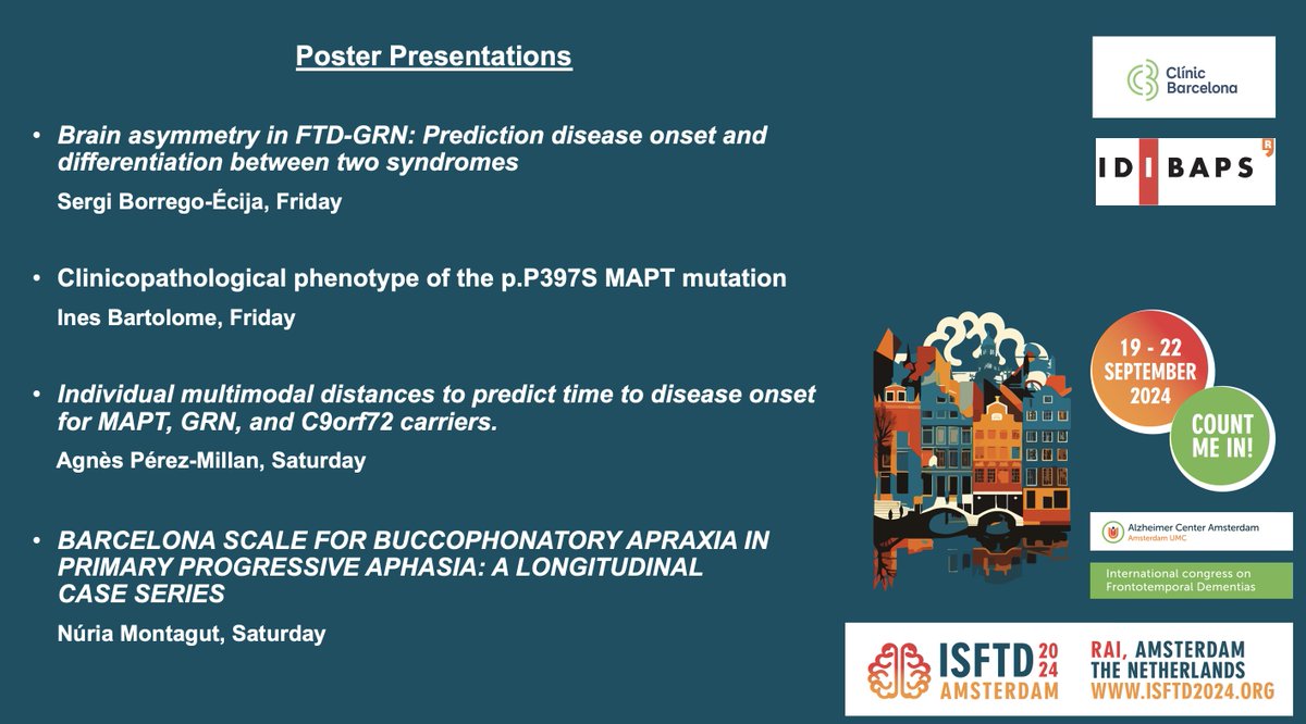 Tomorrow, we are arriving in Amsterdam for the <a href="/isftd/">International Society for Frontotemporal Dementias</a> #isftd2024 #endftd. Look &amp; visit our posters from <a href="/GENFI1/">GENFI</a> &amp; <a href="/Alz_ClinicBCN/">Unitat d’Alzheimer i altres Trastorns Cognitius</a> cohorts. We look forward to meeting other researchers and members of the FTD community! 🧠