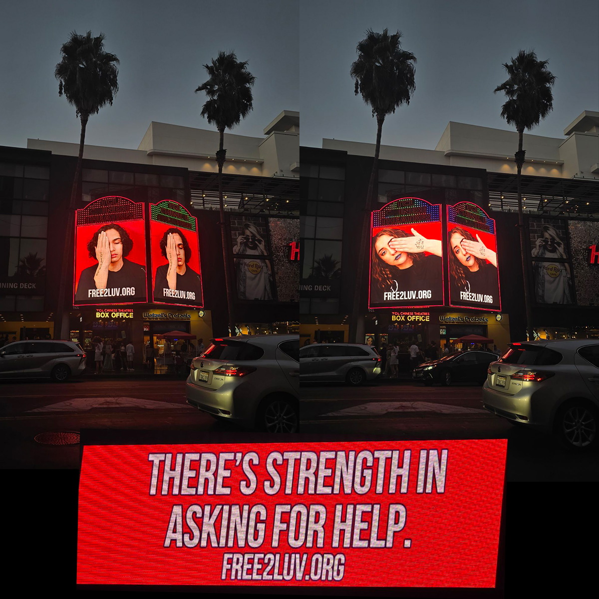 FREE_2_LUV's tweet photo. Friendly reminder: There's always someone who will listen & care. If you're feeling invisible, know that we see you & we care. Your life matters. YOU matter.
We're proud 2 be promoting #suicideprevention across the U.S. including @ChineseTheatres. #suicideispreventable #Free2Luv https://t.co/knHy1jYL2U