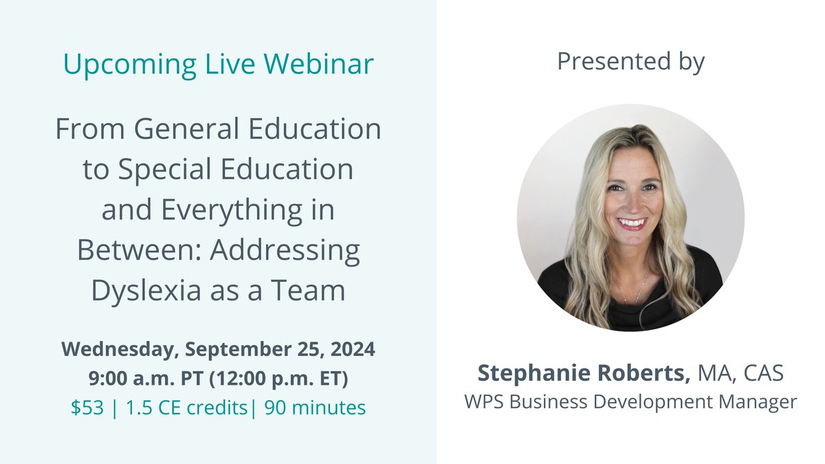 On September 25th, join Stephanie Roberts, MA, CAS, as she discusses how to address dyslexia as a team and how a multidisciplinary, multi-assessment strategy can enhance outcomes for students with dyslexia. 🔗 Register here: hubs.la/Q02PShTl0 #dyslexia #SPED